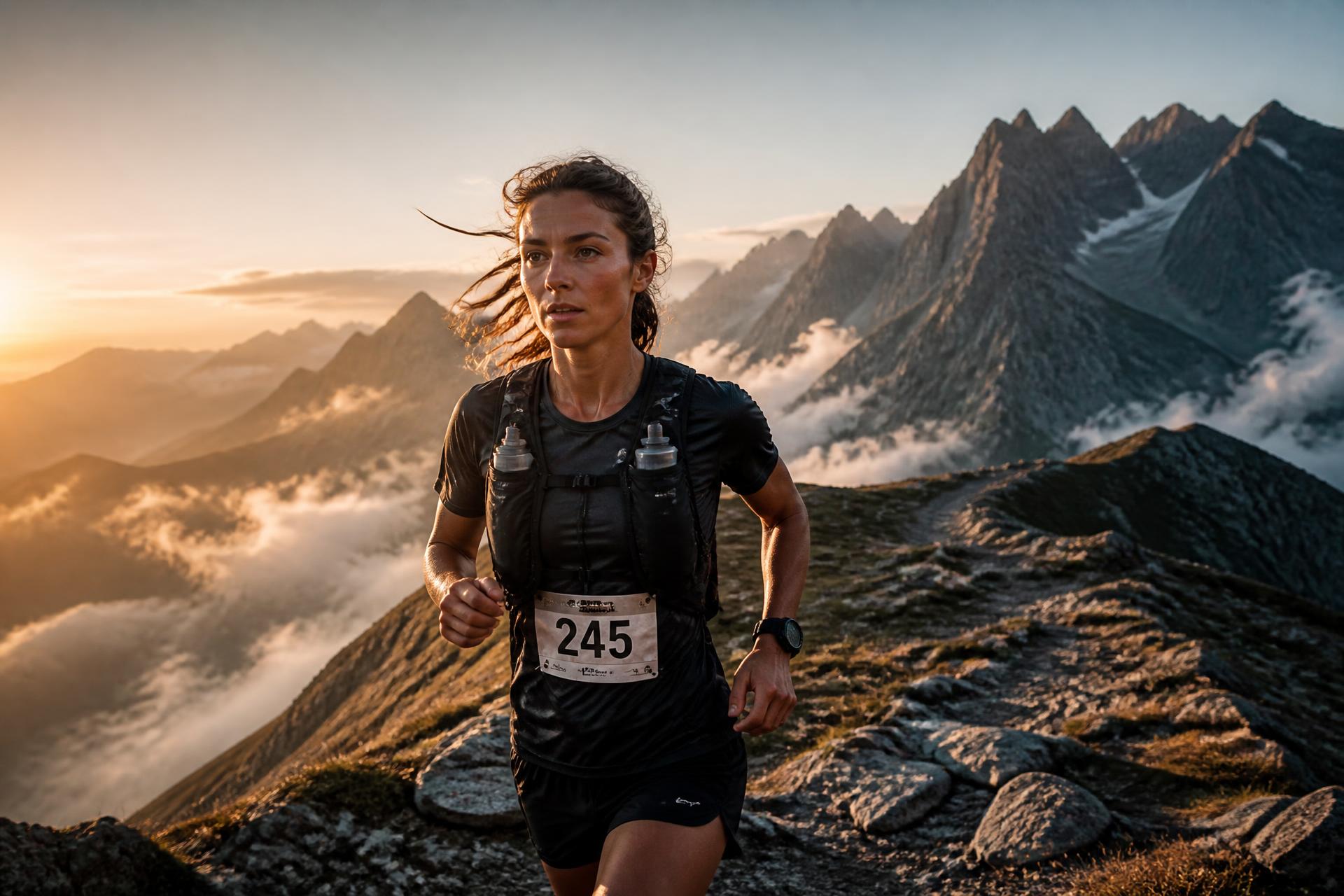 Trail runner on a mountain ridge during an endurance race at golden hour