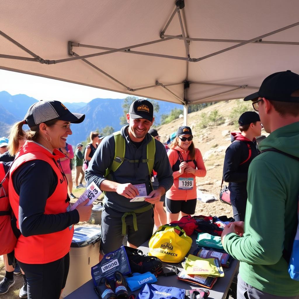 Race organizers handing out race packs to trail runners at an event tent