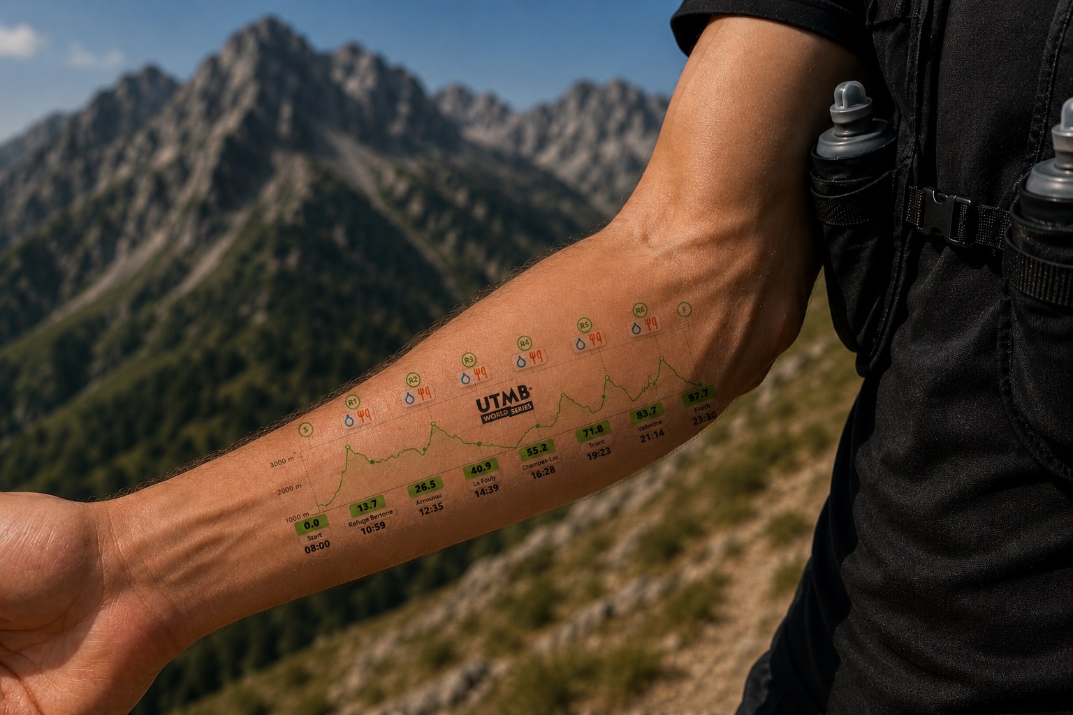 Temporary SeeURace tattoo with an elevation profile on the inside of a trail runner's forearm